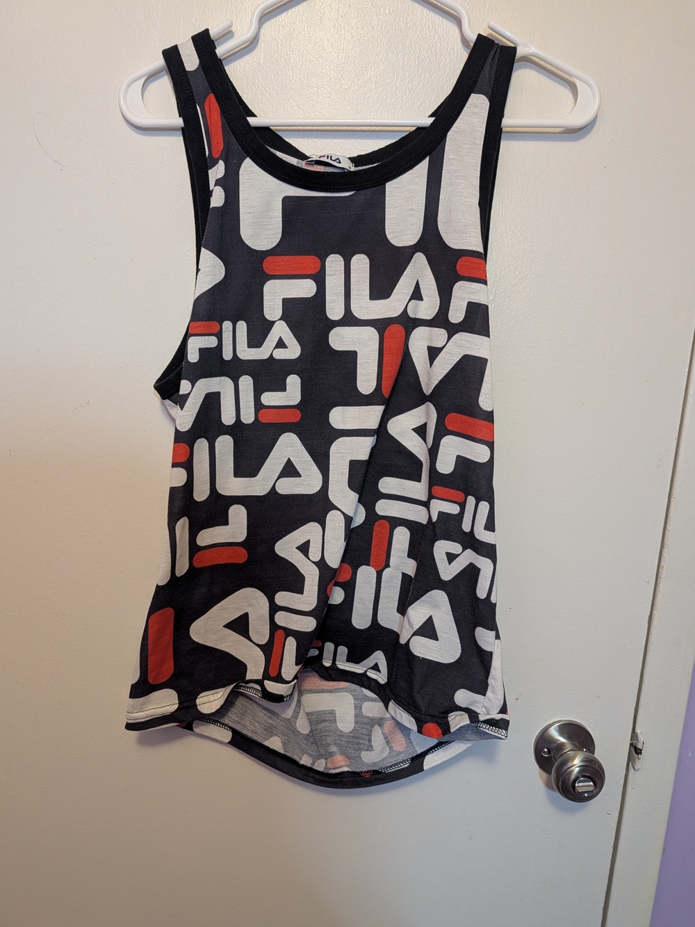 FILA Women's Black Graphic Logo Tank Top with White & Red Accents